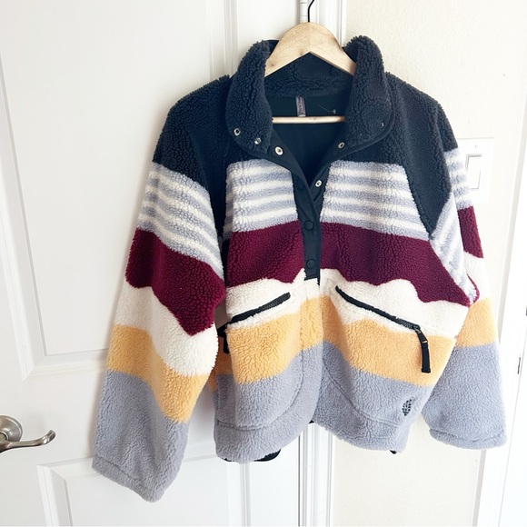 New Free People Hit The Slopes Fleece Jacket Run Stripe Papaya Combo - Picture 7 of 9